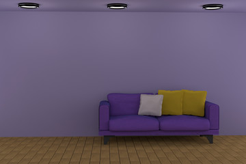 3D rendering of a purple living room and a sofa
