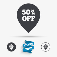 50 percent sale pointer tag sign icon.
