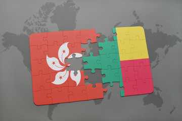 puzzle with the national flag of hong kong and benin on a world map background.