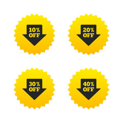 Sale arrow tag icons. Discount off symbols.