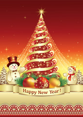  Christmas tree with snowmen on a red background
