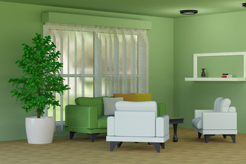 3D rendering of a green living room with a sofa