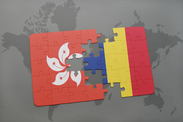 puzzle with the national flag of hong kong and chad on a world map background.