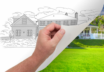 Hand Turning Page of Custom Home Drawing To Photograph