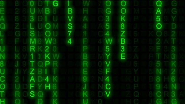 Code rain (random computer symbols falling down): a popular sci-fi movie effect; obscure technology; source code, hacking, AI takeover. Front (near) 30 seconds version.
