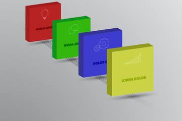 Four steps timeline infographics with 3D squares, outline icons and lines on ground. 4 steps business infographic with bulb, doodle, gear and chart icons on colorful 3D rectangles.