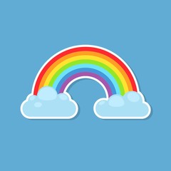 Rainbow and clouds sticker isolated on blue background. Nature sign cloud rainbow spectrum. Weather curve icon, graphic abstract symbol.