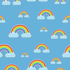 Rainbow and clouds pattern stickers icon isolated on blue background. Nature sign cloud rainbow spectrum. Weather curve, graphic abstract pattern.