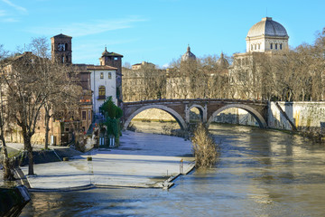Rome (Italy) - Lungotevere and Island of Rome during the Tiber river flood, year 2014