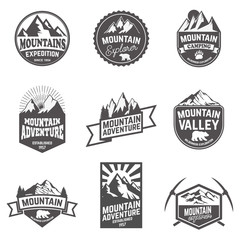 Hiking, mountains exploration labels and emblems.