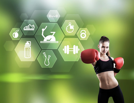 Woman boxer and hexagonal sport icons