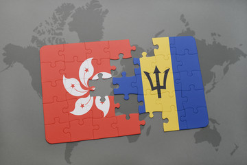 puzzle with the national flag of hong kong and barbados on a world map background.