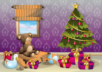 Obraz na płótnie Canvas cartoon vector illustration interior Christmas room with separated layers in 2d graphic