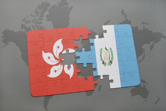 puzzle with the national flag of hong kong and guatemala on a world map background.
