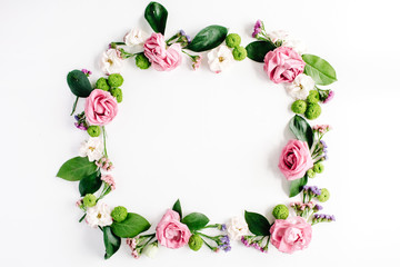 round frame wreath pattern with roses, pink flower buds, branches and leaves isolated on white background. flat lay, top view