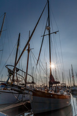 prow and masts at twilight at Point Robert, strait of Georgia, Washington state