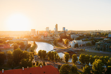 Fototapeta na wymiar Sunset Sunrise Cityscape Of Vilnius, Lithuania In Summer. Beautiful View