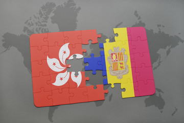 puzzle with the national flag of hong kong and andorra on a world map background.