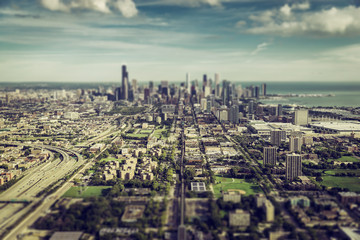Naklejka na ściany i meble Chicago Downtown aerial view with Tilt Shift effect