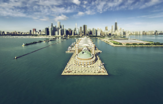 Chicago Skyline Aerial View With Pier