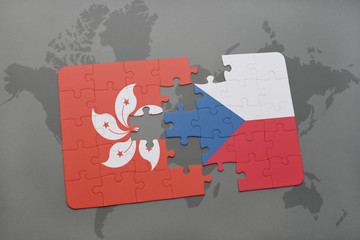 puzzle with the national flag of hong kong and czech republic on a world map background.