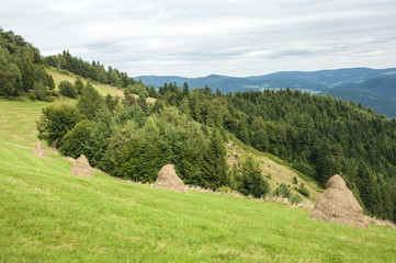 Górski krajobraz ze snopkami