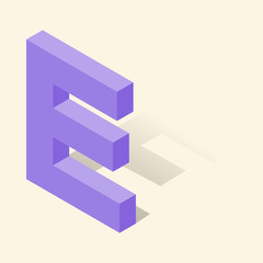 E letter in isometric 3d style with shadow. Violet E letter vector illustration