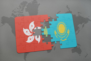 puzzle with the national flag of hong kong and kazakhstan on a world map background.