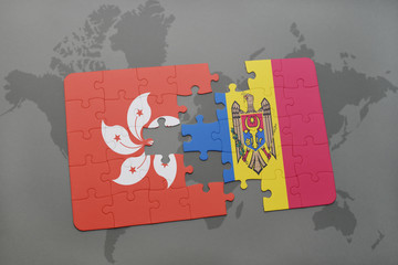 puzzle with the national flag of hong kong and moldova on a world map background.