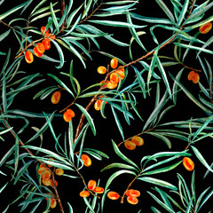 floral seamless pattern with sea buckthorn and branches.watercolor hand drawn illustration.black background.