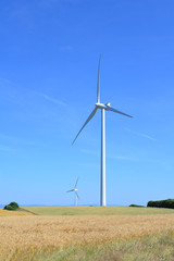 Wind power poles in the wheat country of Piansano (Viterbo, Italy), beside the Bolsena lake