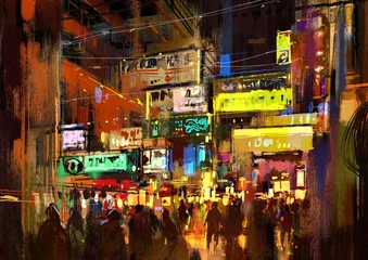 Tuinposter crowd of people in night street,illustration painting © grandfailure