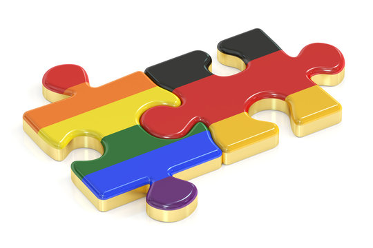 Gay Pride Rainbow and Germany puzzles from flags, 3D rendering
