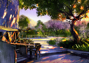 Fototapeta premium walkway in green park with sunlight,illustration painting