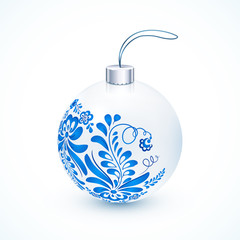White Christmas ball with blue gzhel floral ornament