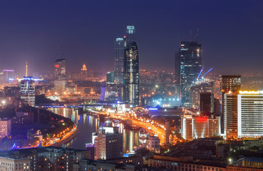 Obraz na płótnie Canvas Top view of Moscow city skyline at night