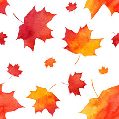 Watercolor painted red autumn maple leaves pattern