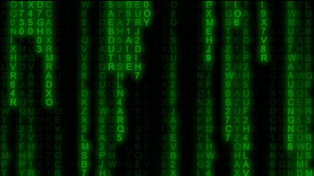 Code rain (random computer symbols falling down): a popular sci-fi movie effect; obscure technology; source code, hacking, AI takeover. Middle distance, 30 seconds version.
