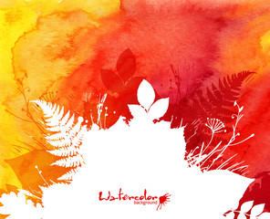 Orange watercolor background with white leaves silhouette