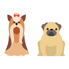 Flat dog pet sitting cute dog vector. Flat dog animal pet vector illustration. Home cute sitting dog flat style. Dog vector silhouette isolated on white background