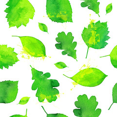 Green watercolor painted leaves seamless pattern