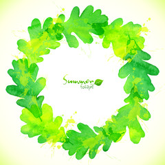 Green watercolor oak leaves vector wreath