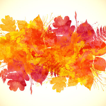 Watercolor painted orange autumn leaves background