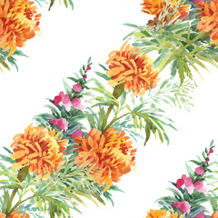 Beautiful Watercolor Summer Garden Blooming Flowers Seamless Pattern.