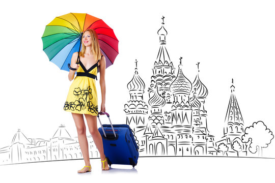 Young girl in concept of tourism to Russia