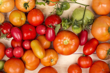 Close-up view of fresh tomatoes. Young juicy tomatoes. A lot of tomatoes. Heap of tomatoes. Summer agriculture farm market tray full of organic tomatoes. Fresh tomatoes. Above colorful fresh tomatoes