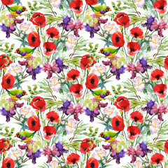 Fototapeta na wymiar Beautiful Watercolor Summer Garden Blooming Flowers Seamless Pattern.