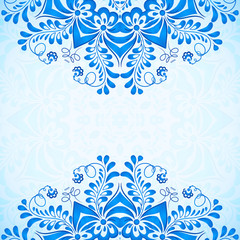 Blue greeting card template with floral pattern in gzhel style