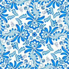 Fototapeta na wymiar Blue floral seamless pattern in Russian gzhel style