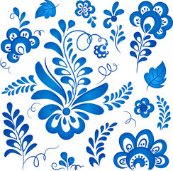 Fototapeta na wymiar Blue floral elements in Russian gzhel style